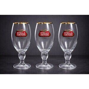 Stella Artois Beer Chalice Glasses Set of 3 Gold Rim 40cl Belgium Goblets